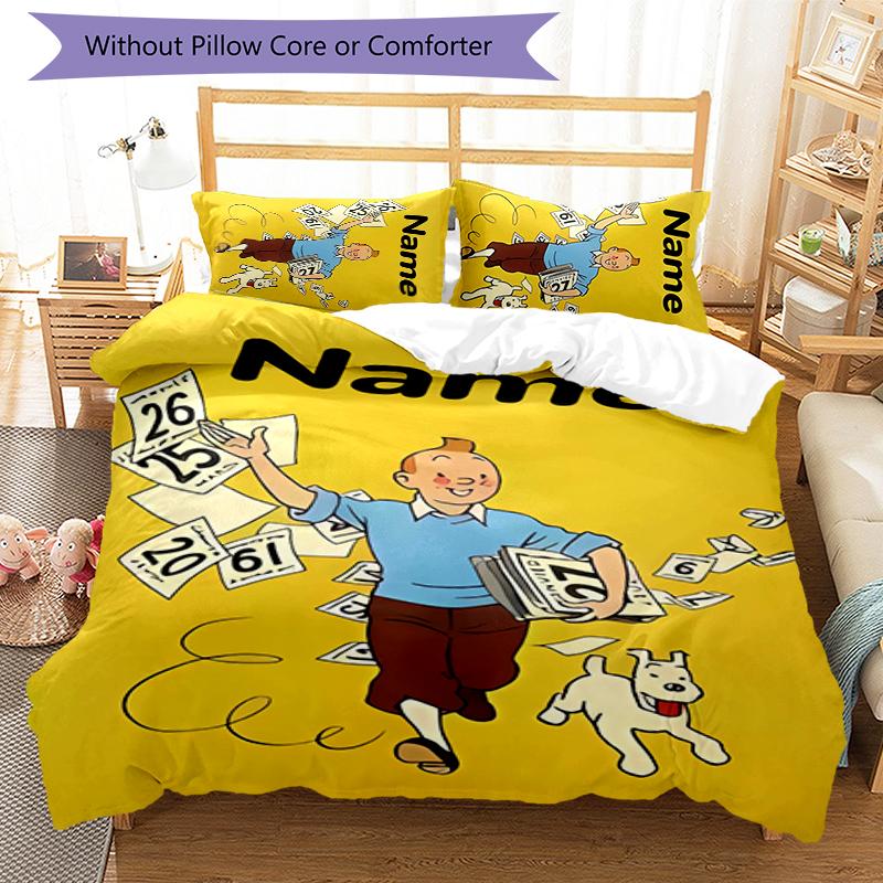 3pcs Custom Name The Adventures of Tintin Bedding Set Duvet Cover Closure Includes 1 Duvet Cover & 2 Pillowcases for All Seasons Bedroom Decor