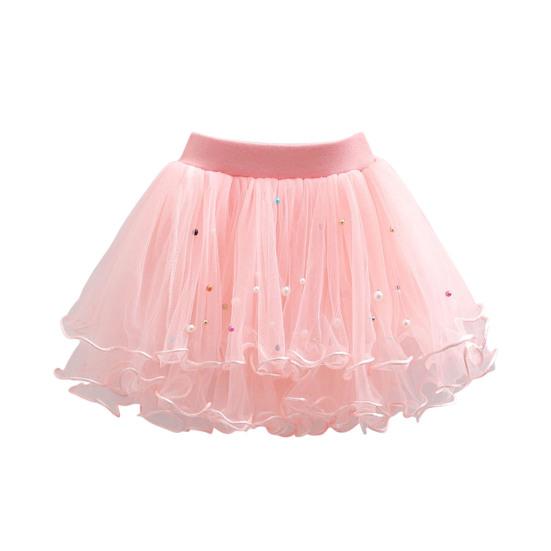 Детская юбка с эластичной талией и средней посадкой, однотонная юбка-пачка с бисером, милый стиль, многослойная сетчатая юбка-фонарик из пряжи