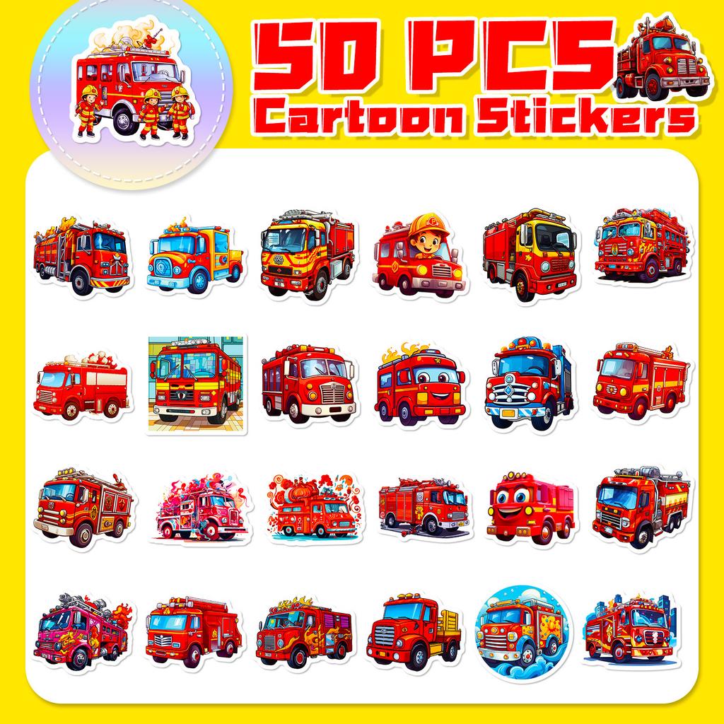 50 Fire Truck Stickers Children'S Cartoons Fire Truck Stickers Kindergarten Early Education Skateboard Stickers