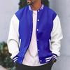 Men Baseball Jacket Stand Collar Long Striped Patchwork Closure Color Buttons Sleeve Jacket Coat with Two Side Pockets
