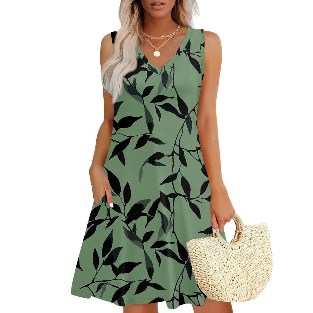 Women's Summer Dresses Loose Fit Printed V Neck Sleeveless Sundresses Beach Hawaiian Dress With Pockets