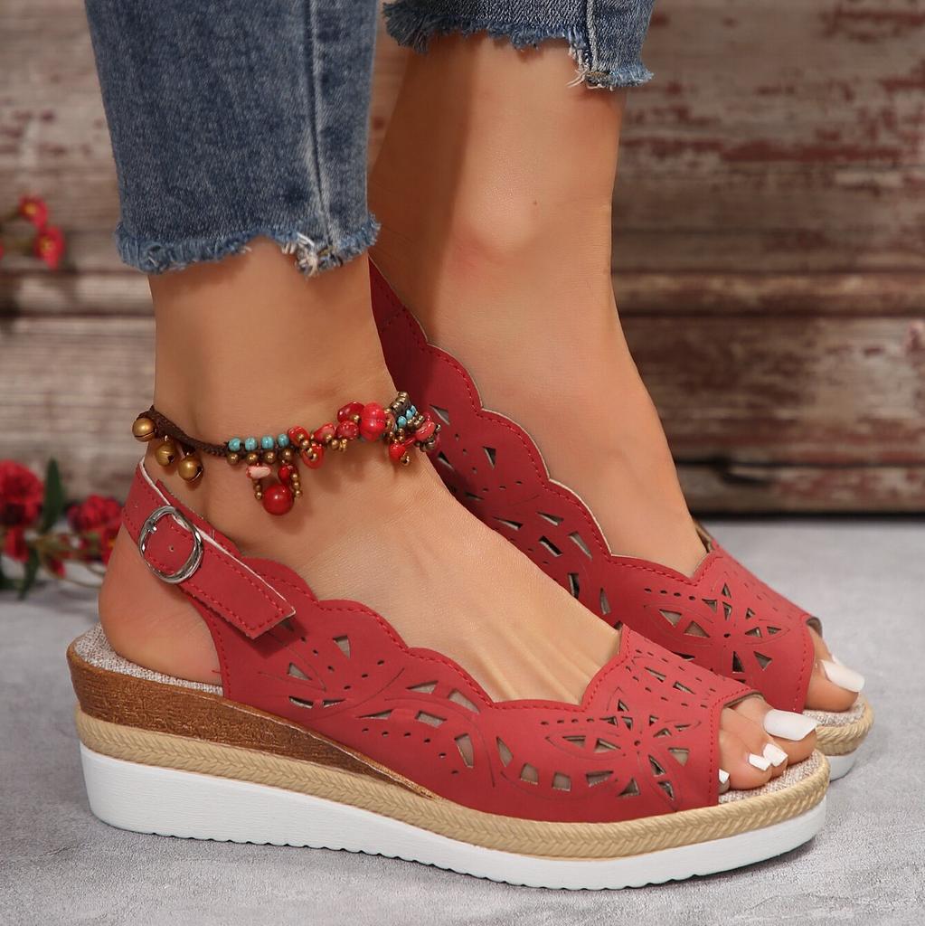 Large Size Thick Low Hollow Sandals Women 2024 New Twine Bottom Buckle with A Solid Color Wedge with A Fish Mouth