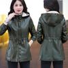Autumn Winter Women's Fleece Leather Jacket Slim Plus Velvet Hooded Leather Biker Jacket Thick Flocked Leather Coat