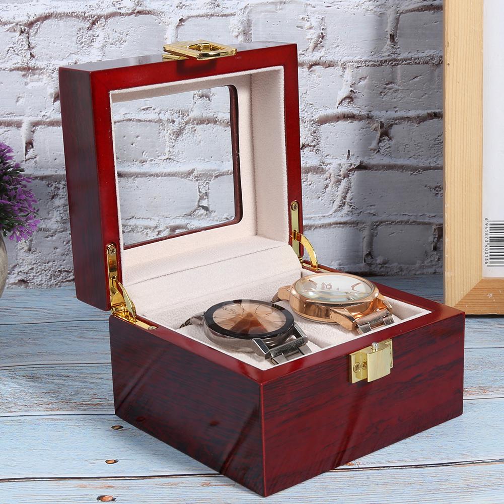 Wooden 2 Grid Watch Display Box Transparent Window Watch Storage Box (Red)