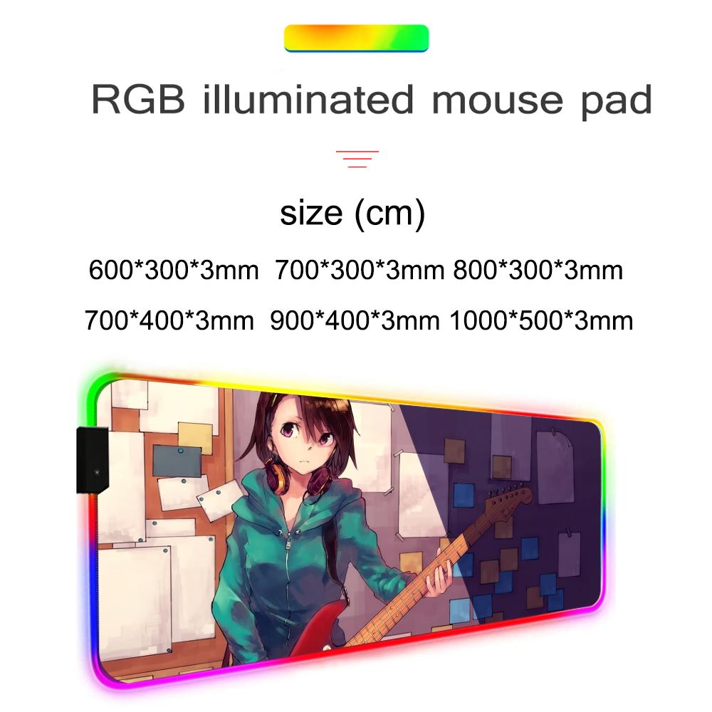 Аниме гитаристка Коврик для мыши RGB Игровой коврик для мыши Большой светодиодный коврик Настольный коврик для ПК Светящийся коврик для мыши Большие коврики для клавиатуры Настольный ковер С