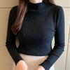 Women Autumn Winter Half High Collar Ribbed Knitted Sweater Solid Color Long Sleeve Slim-fit Pullovers