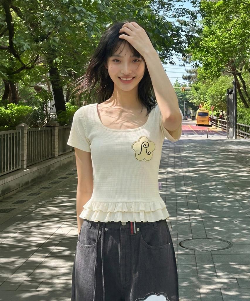 RuNaKi'Hu' Wxt047 Frill Layered Square Neck Short Sleeve (Ivory)