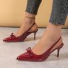Large Size Wine Red Pointed Toe High Heels Summer New One Strap Butterfly Knot Thin Heel Empty Back Sandals PU Leather Rubber So