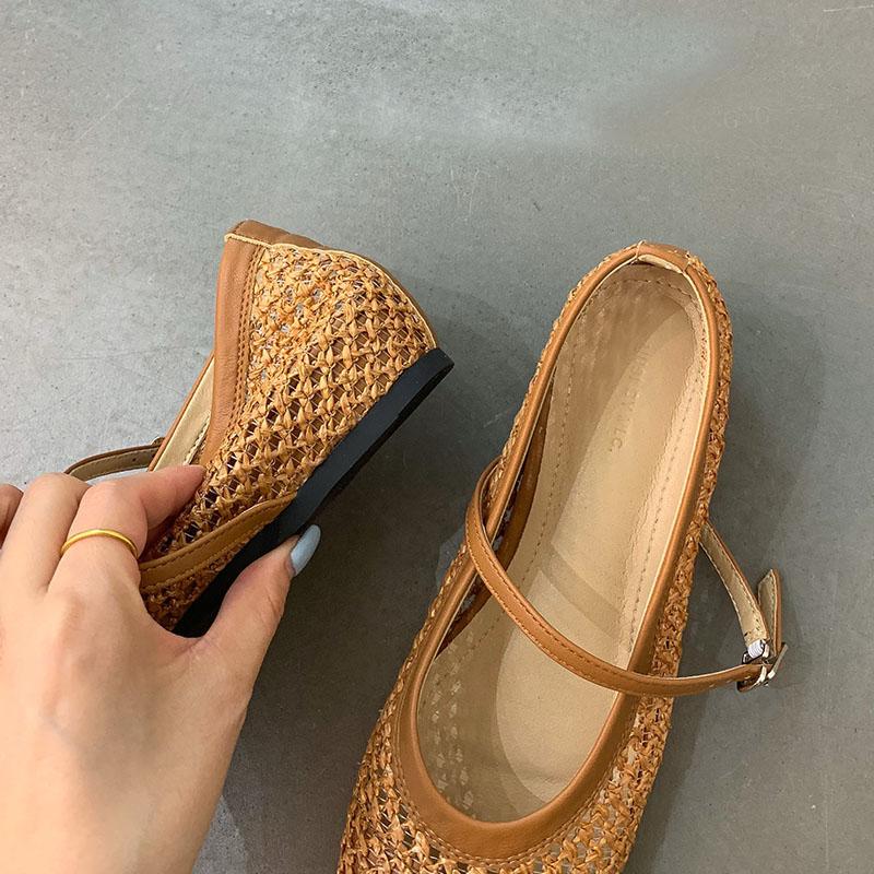 Fashion Female Weave Women Flats Shoes With Height Increasing Footwear Shallow Fashion Buckle Strap Ladies Flats Mary Janes Shoes