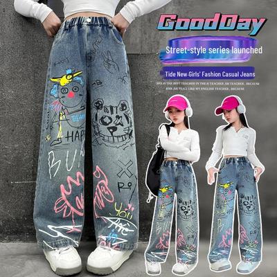 Стильные джинсы деним с широкими штанинами и граффити для девочек - Весенне-осенний уличный стиль, свободный крой для детей старшего и среднего возраста