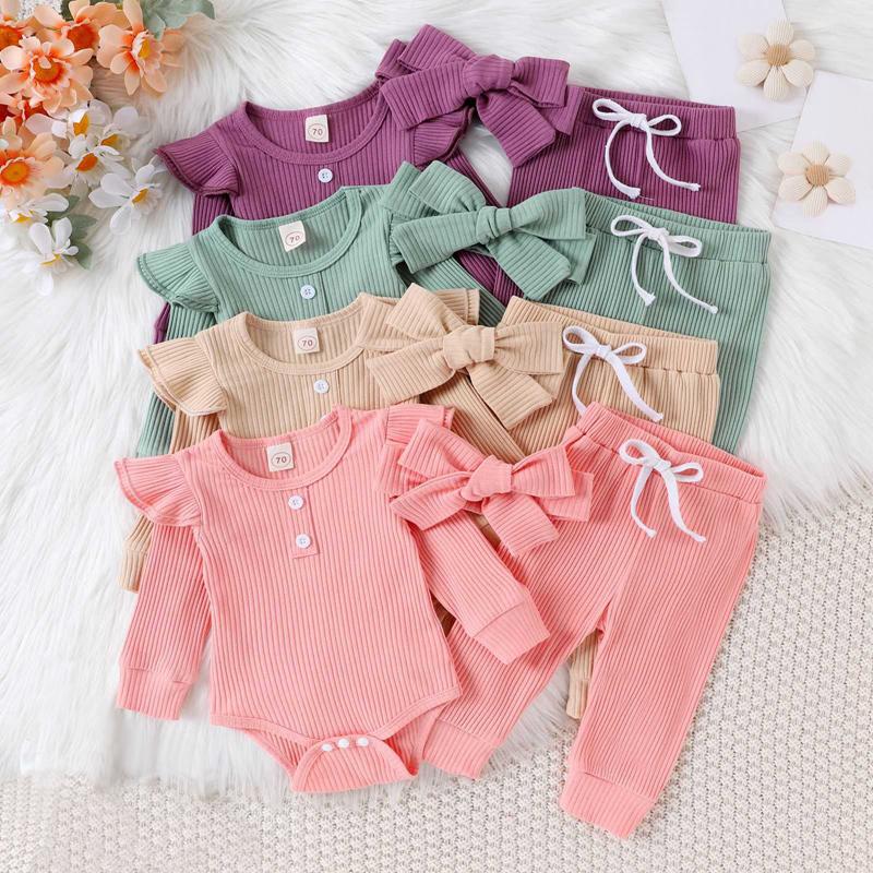 Baby Girl Long Sleeved Romper and Trousers with Headband Three-piece Set Solid Color Children's Clothing Set