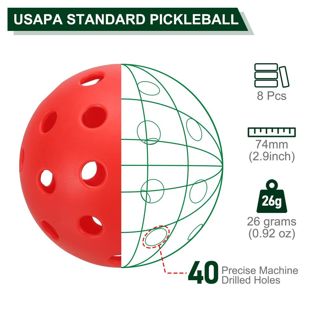 Мячи для пиклбола PATIKIL Outdoor Pickleball 40 лунок 8 шт. в упаковке для любительских игр в помещении и на открытом воздухе, красные