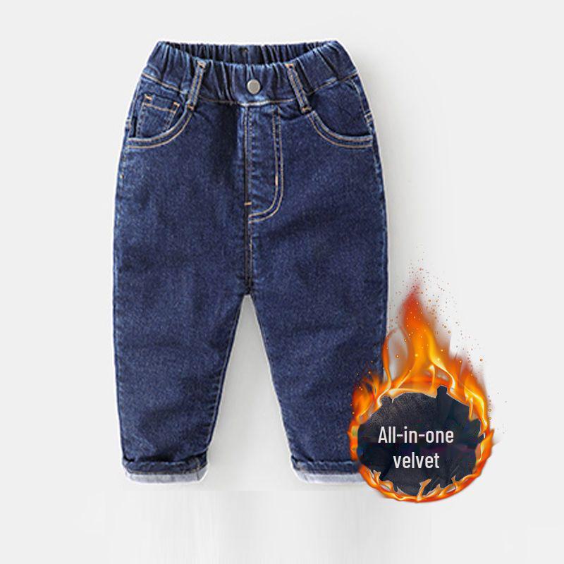 Эластичные джинсы для мальчиков 2024 года: Стильные, свободные длинные брюки с бархатной подкладкой для весны, осени и зимы