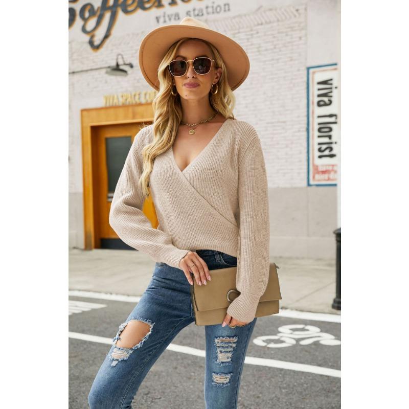 Осенне-зимний женский свитер, модный однотонный пуловер с длинными рукавами и v-образным вырезом, вязаный свитер