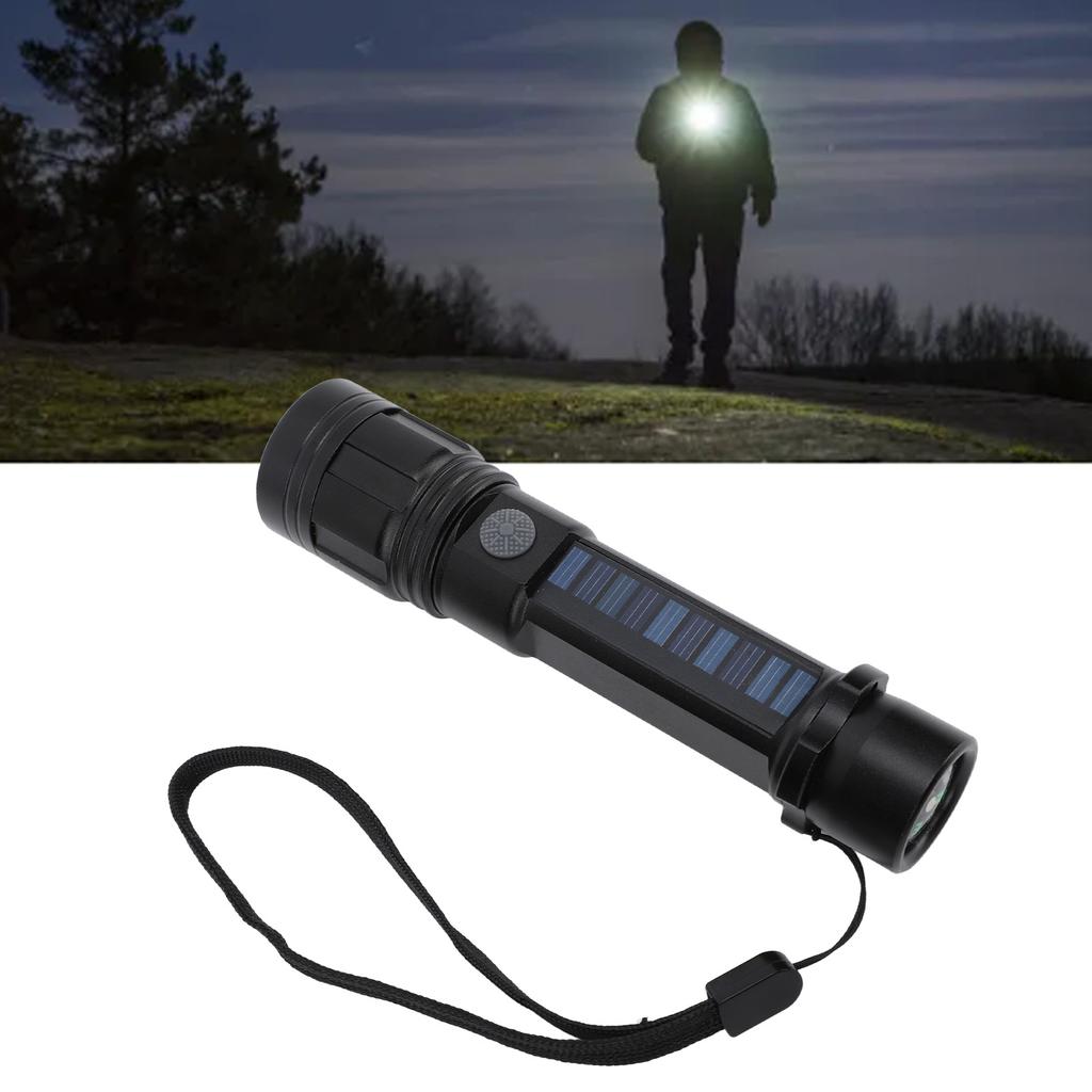 LED Flashlight Zoomable 3 Light Modes USB Or Solar Charge Compass Design Bright Flashlight for Outdoor Adventure Camping