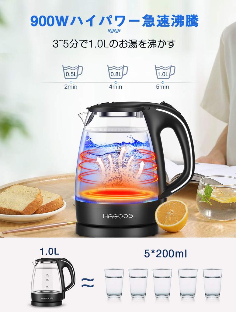 HAGOOGI Electric Kettle, Glass, 1.0L, with LED Light, Double Wall, Anti-Scald, Small, Stylish, Easy to Clean, for Tea and Coffee