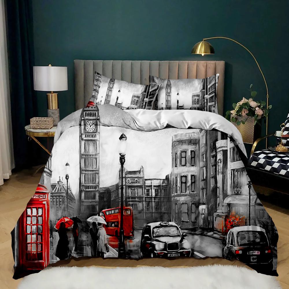 Retro Architectural Duvet Cover Woman In Red Dress Violin Eiffel Tower Double Queen King Polyester
