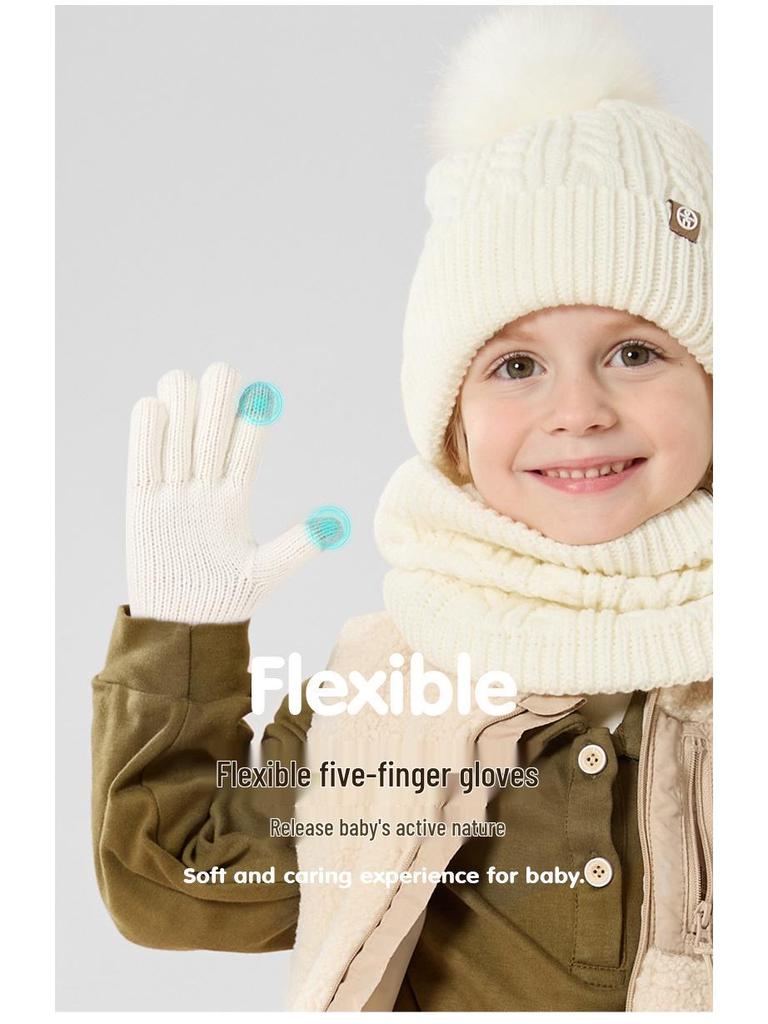 Детский зимний набор с помпоном: шапка, шарф и перчатки – на флисовой подкладке, теплый, вязаный комфорт