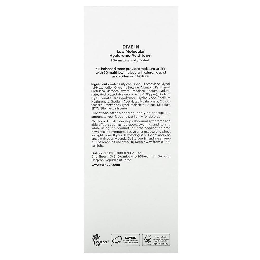 TORRIDEN Dive In, тонер с низкомолекулярной гиалуроновой кислотой, 10,14 жидких унций (300 мл)