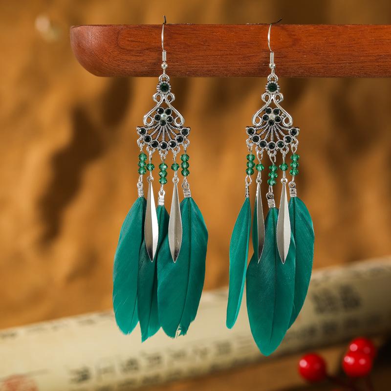 Vintage Ethnic Bohemian Crystal Beads Handmade Feather Tassel Women Earrings Long Drop Dangle Boho Jewelry Pendientes Mujer