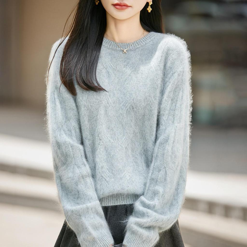 2026 Autumn/Winter Women's Cashmere Wool Marled Knit Loose Sweater, Round Neck, Long Sleeve