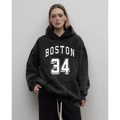 Ретро Бостон Искусство Принт Письма Выстиранное Худи Женское Модное Худи На Каждый День Оверсайз Худи Хлопковая Одежда