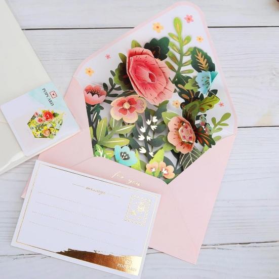3D Fly-Out Greeting Card Multiple Colorful Flower Decor Greeting Card with Envelope Watercolor Painting