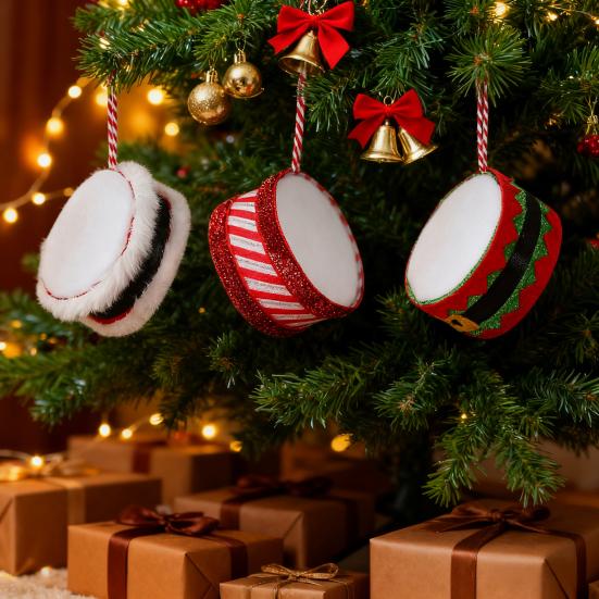 Christmas Drum Hanging Ornament for Tree Decoration Plush Fabric Texture Classic
