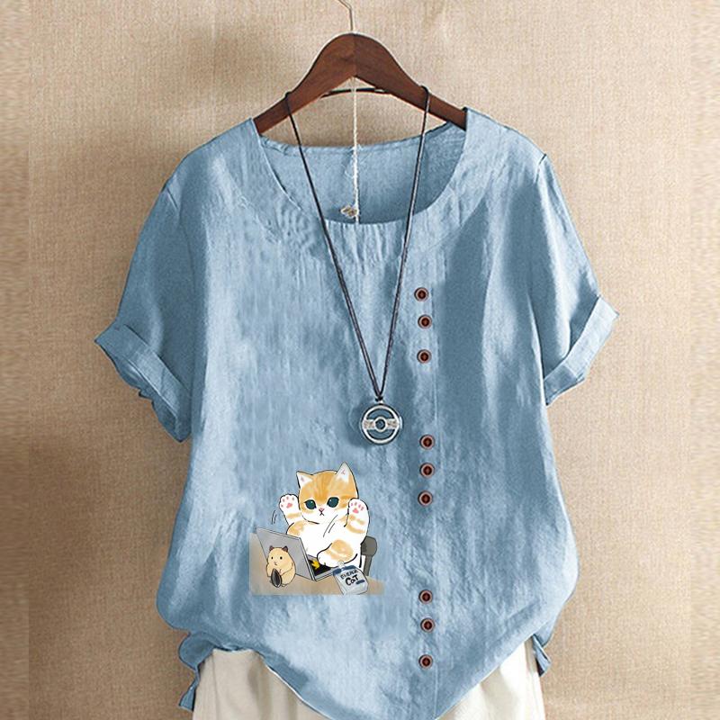 Женская модная футболка с круглым вырезом и коротким рукавом, повседневная хлопковая льняная рубашка с рисунком, свободная летняя блузка с милым мультяшным котом для отдыха, топы