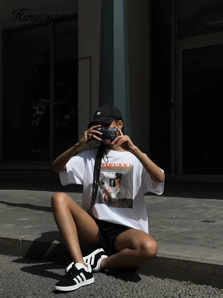 Hirsionsan 100% Cotton Graphic Print T Shirt Women 2024 Summer New Basic Vintage Tee Casual Loose Chic O Neck Female Couple Tops