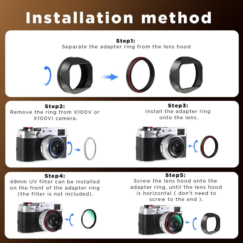 Haoge Square Metal Lens Hood 49mm with UV Filter Adapter Black Ring,