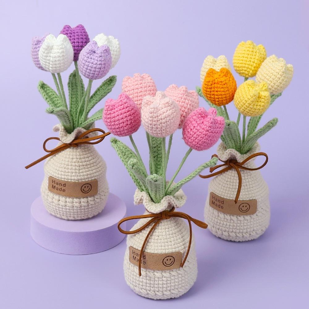 2025 Tulips Crochet Flowers with Kintted Potted Kinttted Sunflower Pot Desk Accessories Handwoven Plant Pot Home Decor Gift