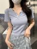 Лето 2024, женские простые и универсальные однотонные топы с пуговицами, футболки с короткими рукавами
