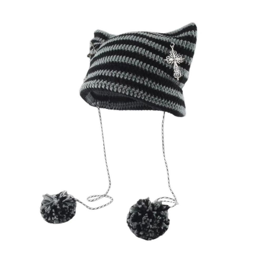 Fashion Striped Star Devil Hat Autumn Winter Women's Hats Crochet Cute Cat Ears Pointed Pullover Knitted Beanie Hat
