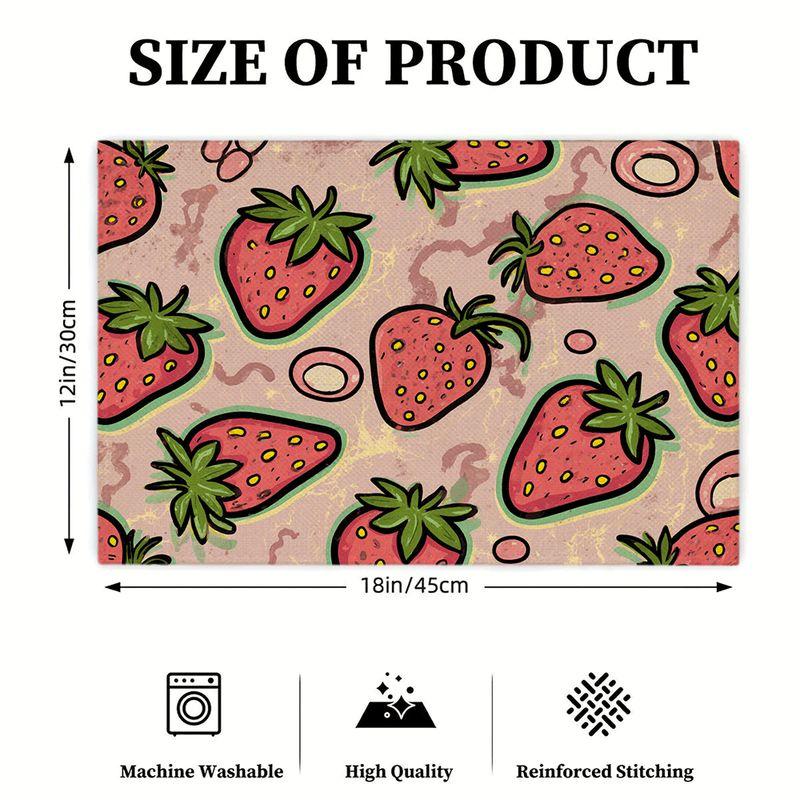 4/6pcs Rectangular Placemats - 18X12 Inches Vintage Strawberry Print Fabric Cartoon Red White Polka Dot Decor 2D Element Pattern Design Easy-Clean Tab