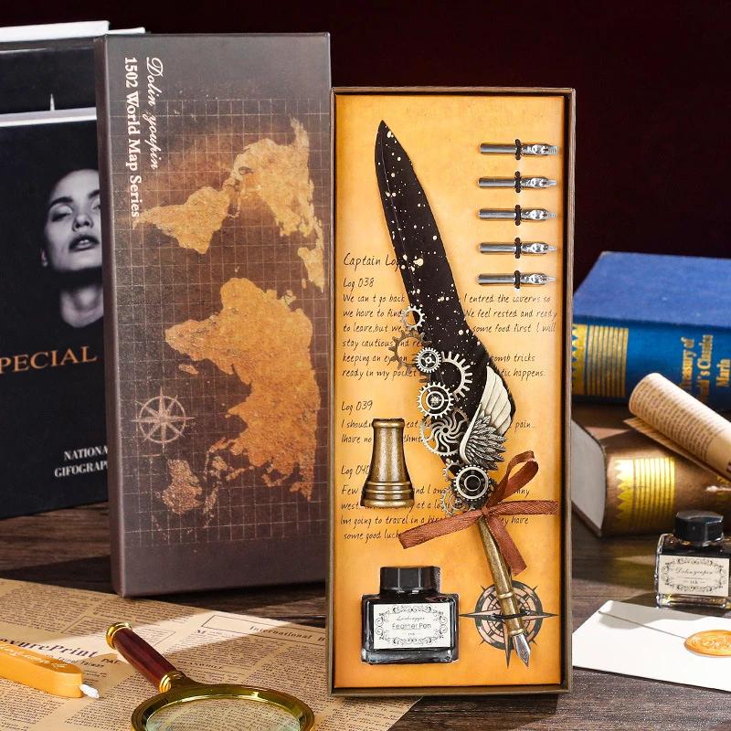 Luxury Fountain Pen Set Vintage Sprinkling Gold Feather Pens Ink Bottle Calligraphy Writing Dip Pen-s Birthday Gift 5 Nib Quill