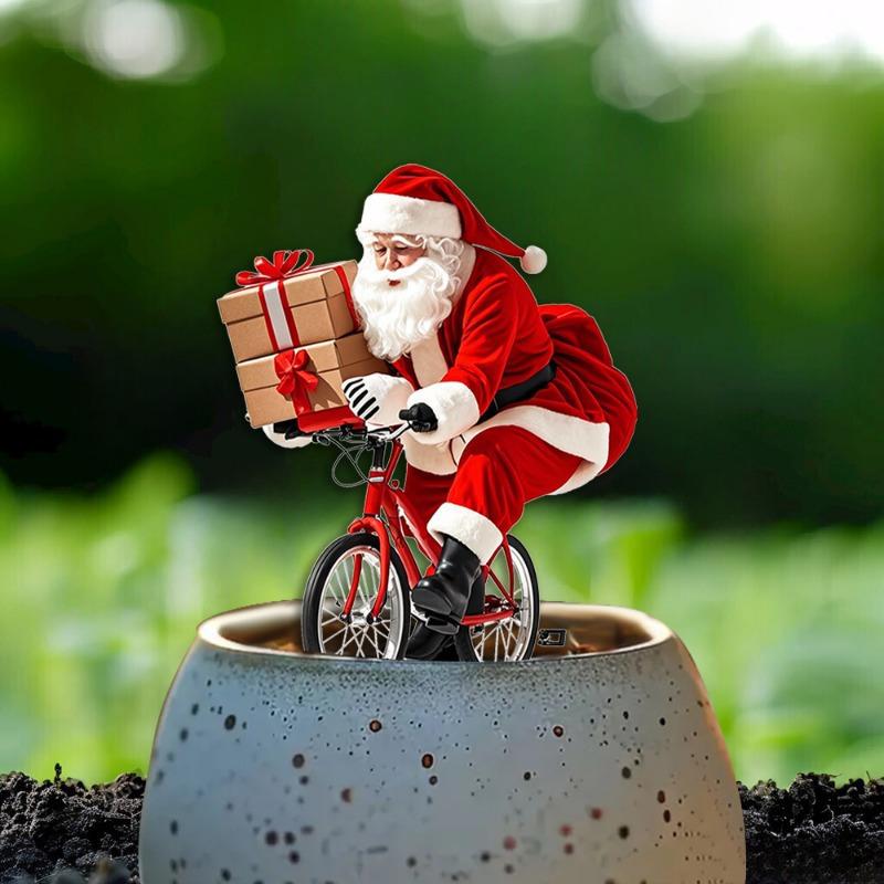 1pcs Nativity Scene Garden Stake Yard Decor 2D Flat Acrylic Santa Claus Riding A Bicycle with Gift Christmas Party Festival Deco