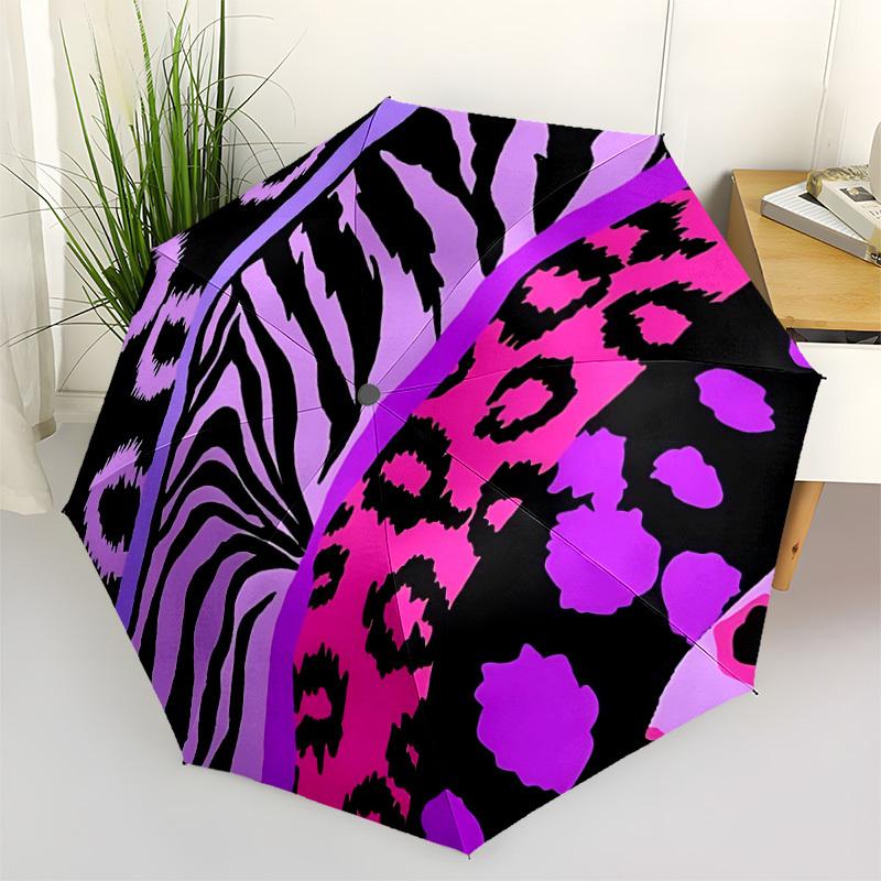 1pc Animal Prints Zebra and Leopard Patterns Automatic Folding Umbrella - Compact 8-Rib Design, Durable Plastic & Iron, Lightweight Daily Use094