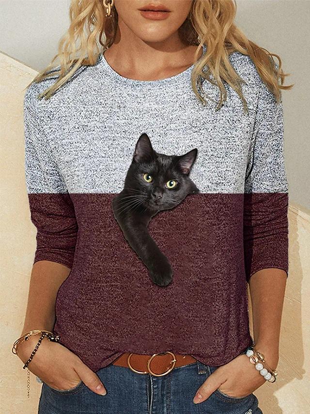Color Block Printed Long Sleeved Casual Daily Basic Retro Round Neck 3D Cat Printed Women's T-shirts - Soft Medium Stretch Relaxed Fit Clothing