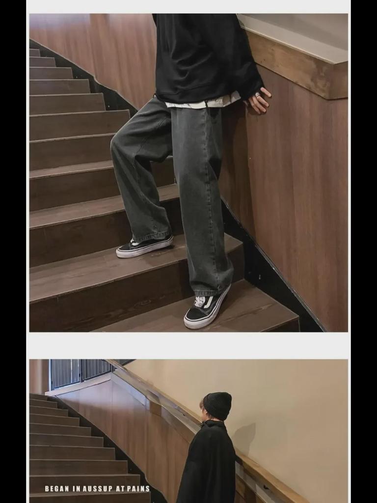 Men's Black Retro Wide-Leg Jeans - New Autumn Trend, High Street Style, Straight Loose Fit, Large Size Available.