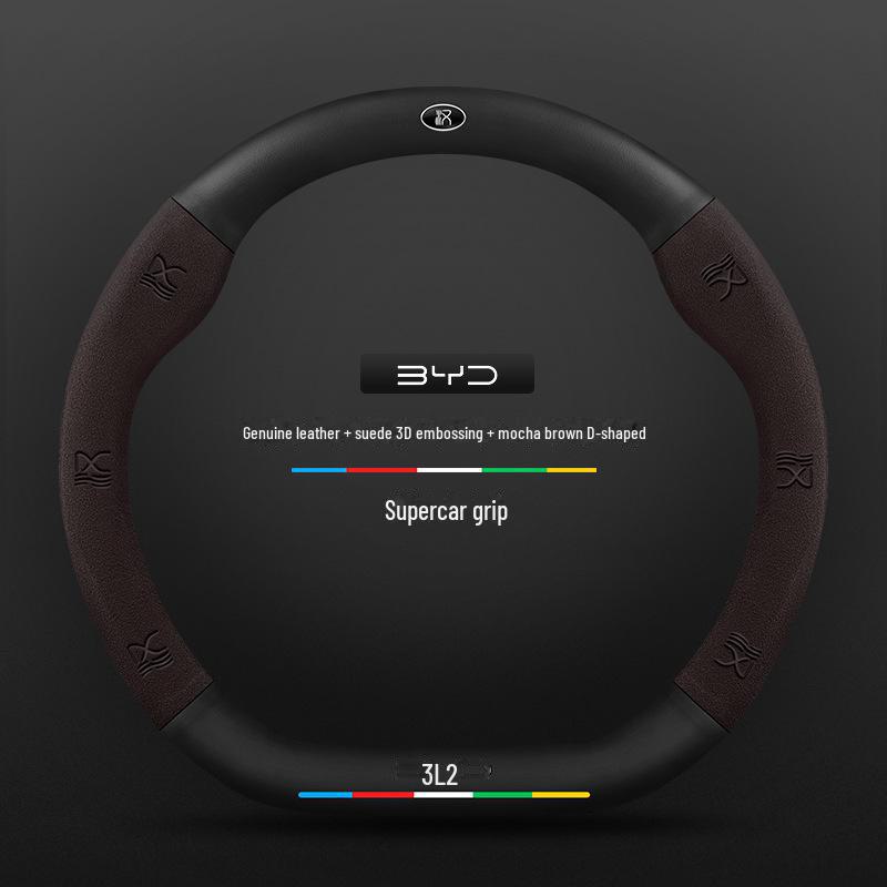 Compatible BYD Qin, Han, Tang, Song, Yuan E2 Destroyer Dolphin Leather Steering Wheel Cover with 3D Embossing
