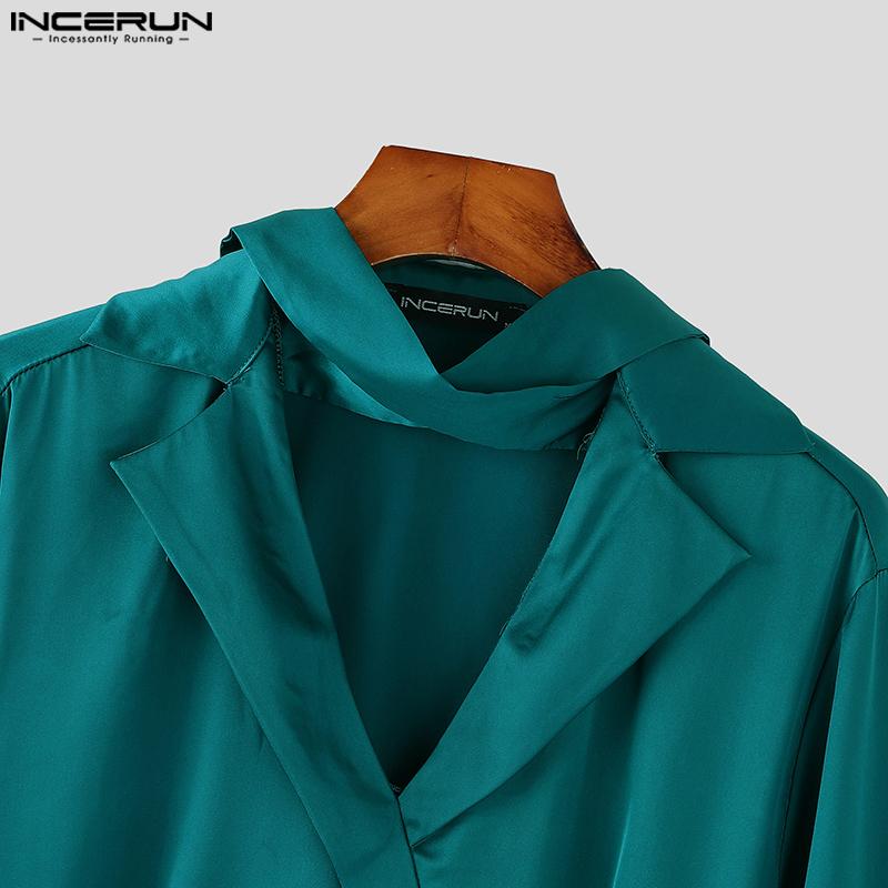 INCERUN Men V Neck Satin Shirts Solid Bandage Casual Party Tops