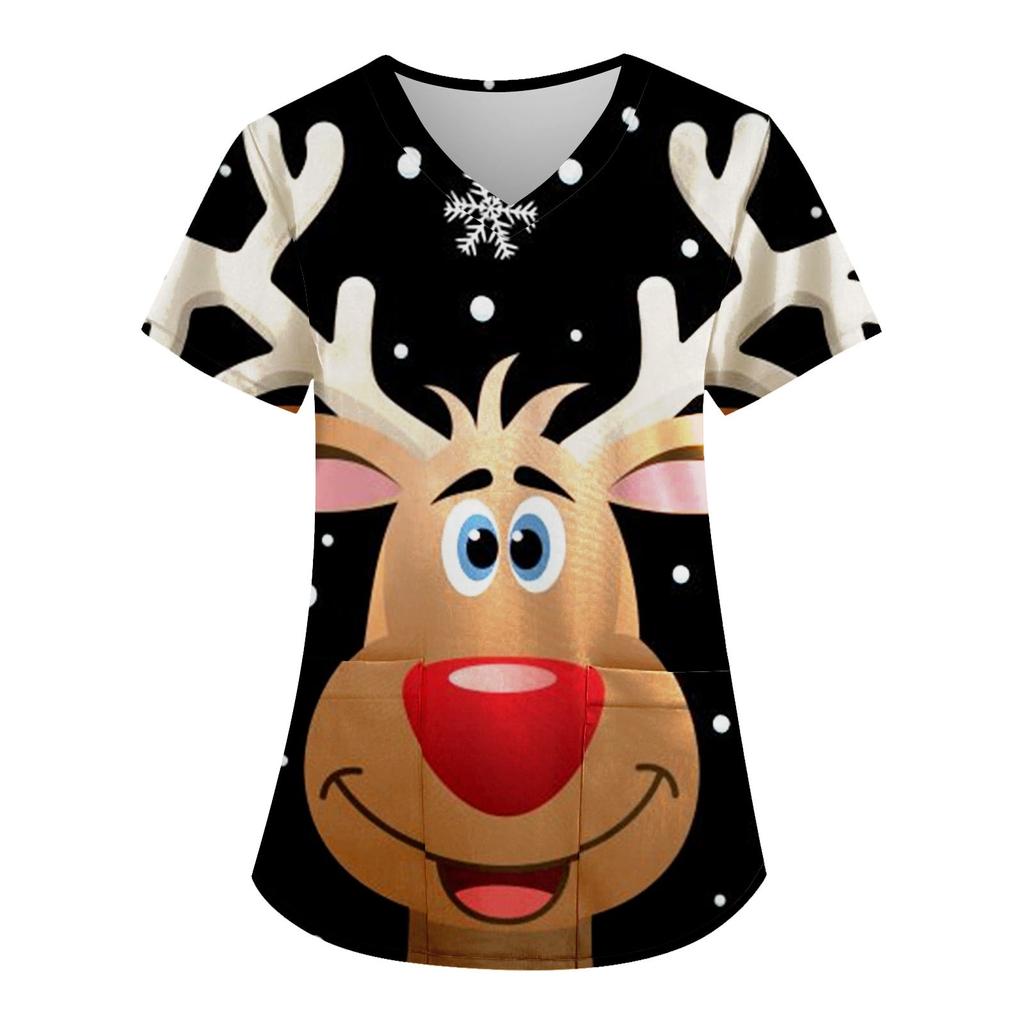 Women's Fashion V-neck Short Sleeve Workwear With Pockets Christmas Printed Tops