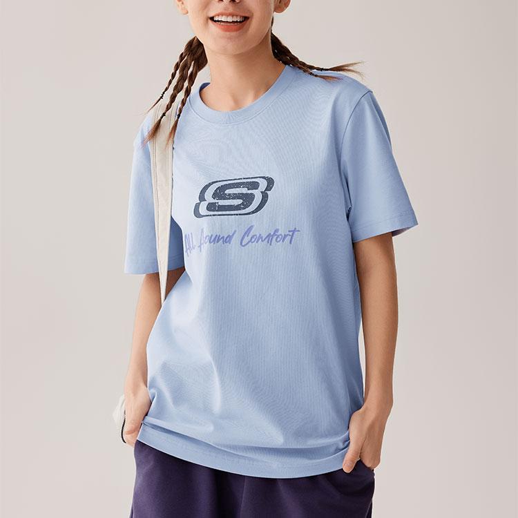 Skechers Вязаный Крутой Комфорт Мягкий Базовый Универсальный Модный Простой Круглый Вырез Короткий Рукав Футболка Унисекс Топы Ксеноновый Синий L225U129-0356