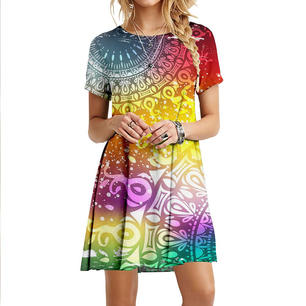 2025 Новое летнее женское винтажное платье с 3D-принтом, модное женское платье большого размера с коротким рукавом, повседневное свободное платье с круглым вырезом, Vestidos