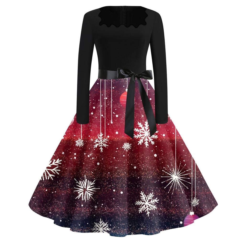 Women's Fashion Casual Square Neck Slim Christmas Printed Long Sleeve Dresses