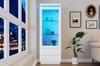 60*40*171cm Display Cabinet, Tall Cabinet with 2 Drawers, High Gloss Glass Display Cabinet with LED, Living Room with Glass Doors and Flip Door, White