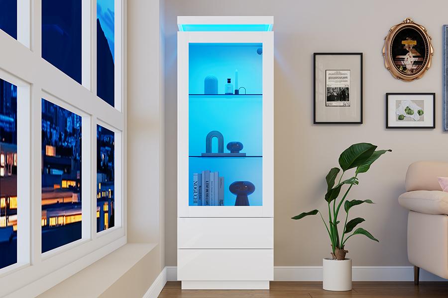 60*40*171cm Display Cabinet, Tall Cabinet with 2 Drawers, High Gloss Glass Display Cabinet with LED, Living Room with Glass Doors and Flip Door, White