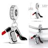 925 Silver Red Color Charms Bead Lipstick High Heels Heart Strawberry Dangle Fit Bangle Bracelet DIY Jewelry