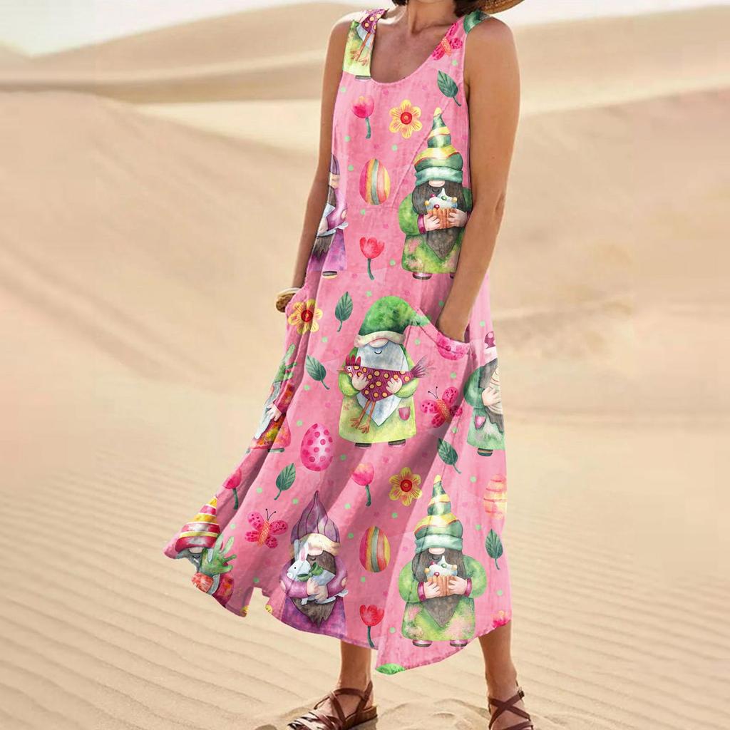Women's Summer Casual Fashion Easter Printed Sleeveless Round Neck Pocket Dress